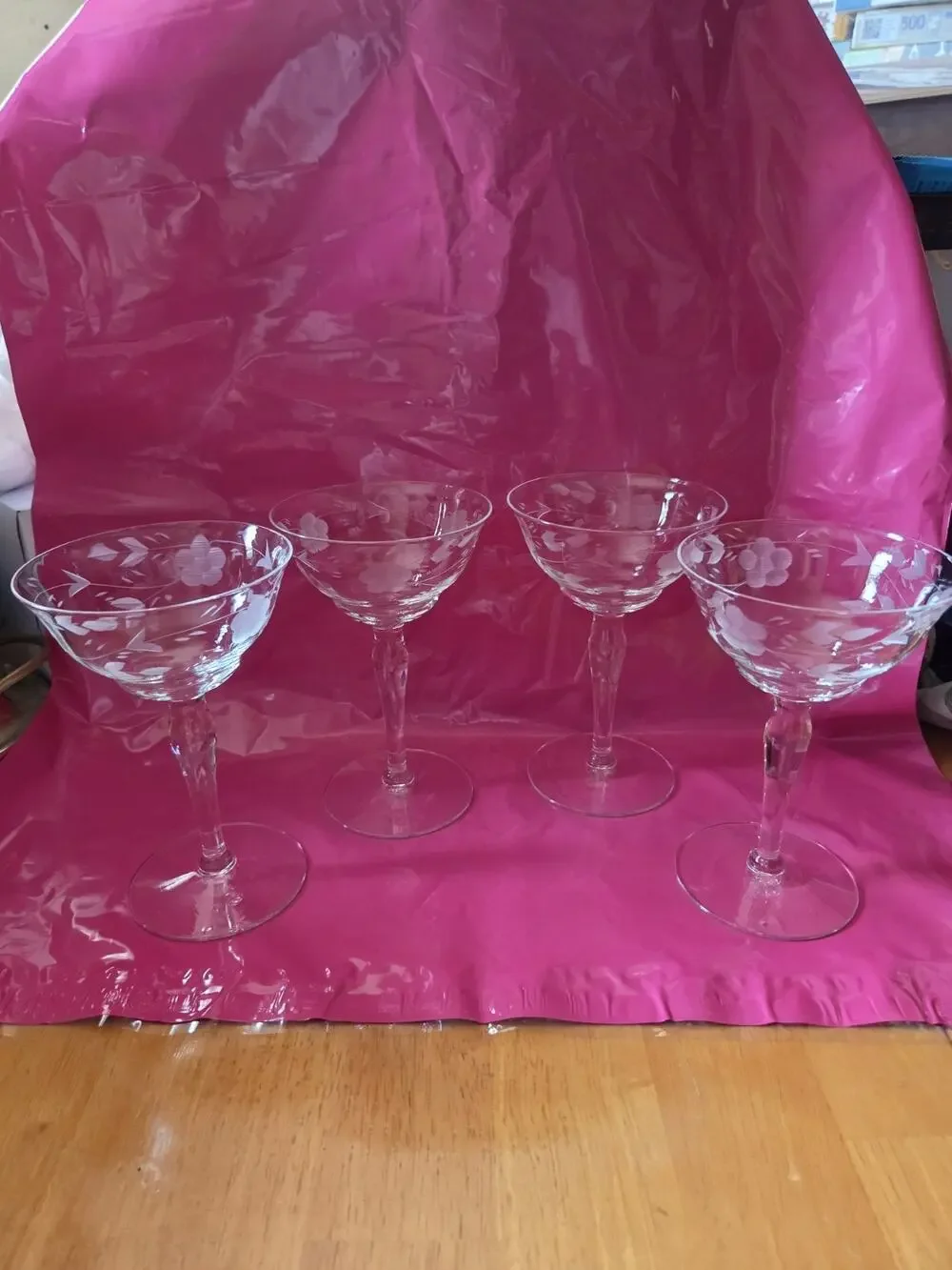4 Libby Vintage Sherbert Glasses Clear Floral Etched Wine Glasses